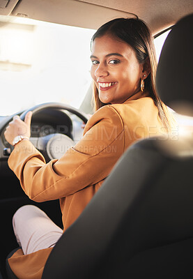 Buy stock photo Portrait, driver and business woman in car to travel, journey or rent transportation in city. Happy, driving and person in motor vehicle, automobile or road trip to commute to work in the morning