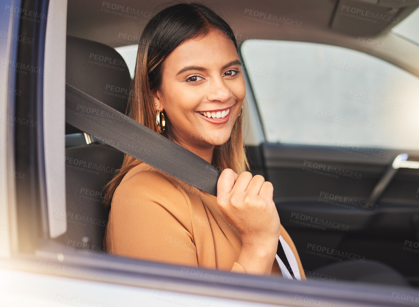 Buy stock photo Happy woman, car and portrait with seatbelt check for road trip, travel or journey. Window, face and lady driver with vehicle safety belt for driving, protection or test drive, compliance or security