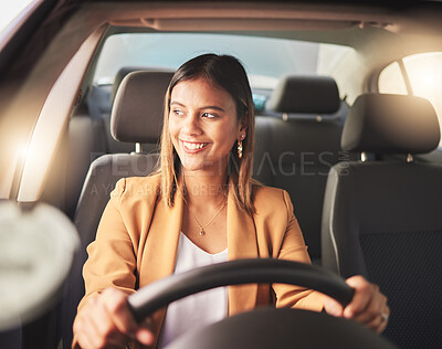 Buy stock photo Smile, driving and business woman in car to travel, journey or thinking of transportation in city. Happy, driver and person in motor vehicle, automobile or road trip to commute to work in the morning