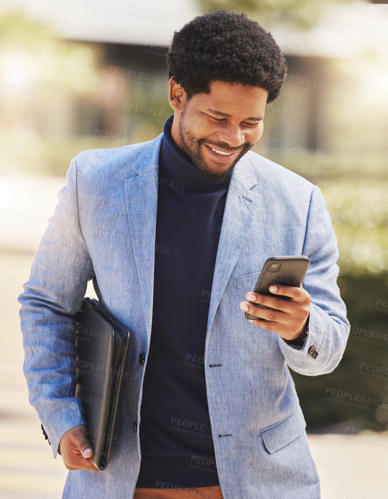 Buy stock photo Business, city and black man with a cellphone, typing and walking with a smile, contact and connection. African person, consultant and entrepreneur outdoor, smartphone and employee with email and app