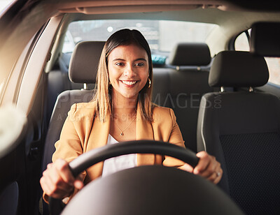 Buy stock photo Happy, driving and business woman in car to travel, journey and rent transportation. Smile, driver and person in motor vehicle, automobile and road trip to commute to work in the morning in transport