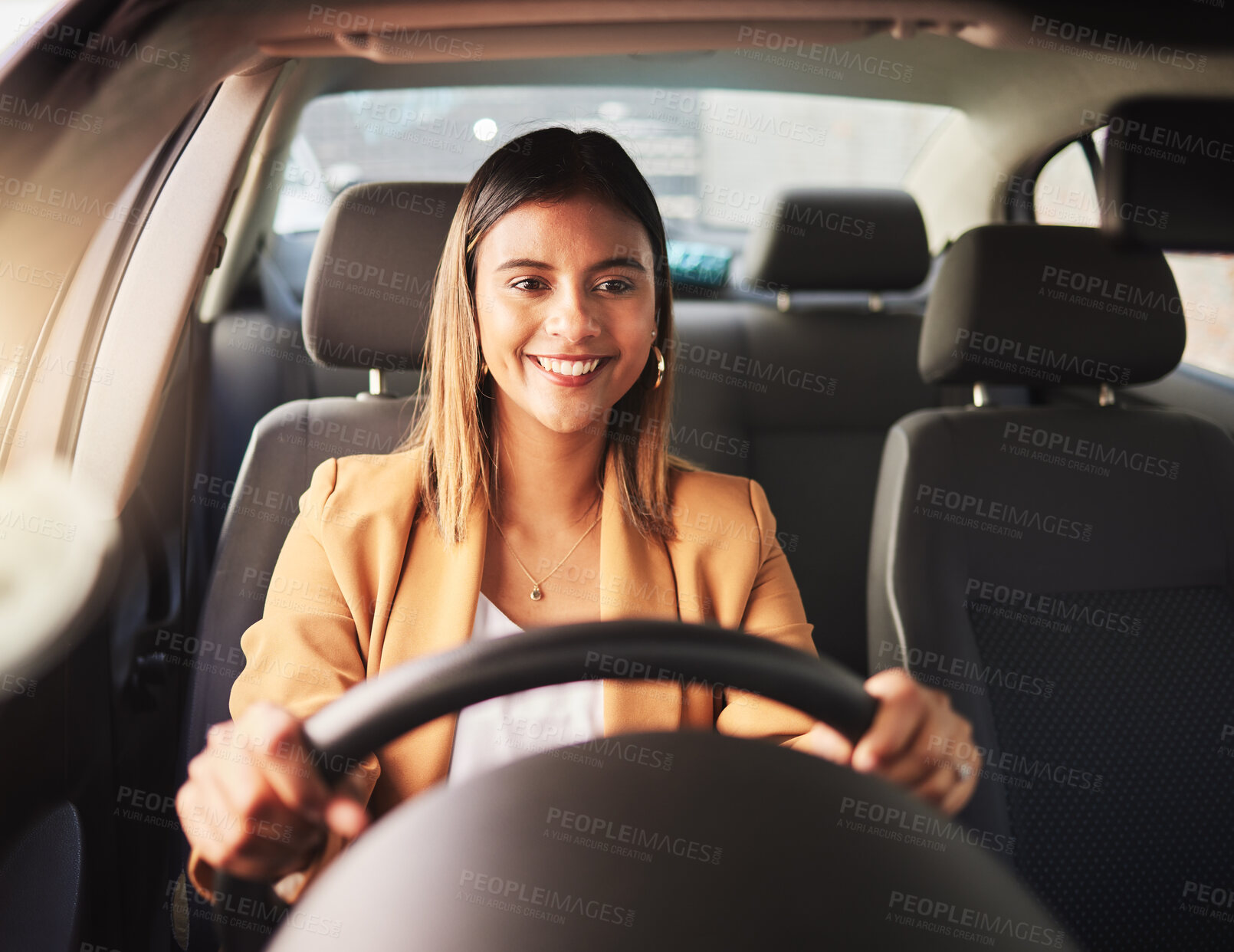 Buy stock photo Happy, driving and business woman in car to travel, journey and rent transportation. Smile, driver and person in motor vehicle, automobile and road trip to commute to work in the morning in transport