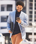 Business, city and black man with a smartphone, typing and walking with a smile, network and connection. African person, consultant and entrepreneur outdoor, cellphone and social media with contact