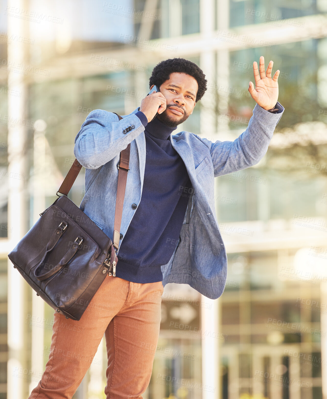 Buy stock photo Wave, taxi and man with phone in city with transportation, travel and commute in cbd for client contact or communication. Businessman, hand and call attention of cab, driver and service in town