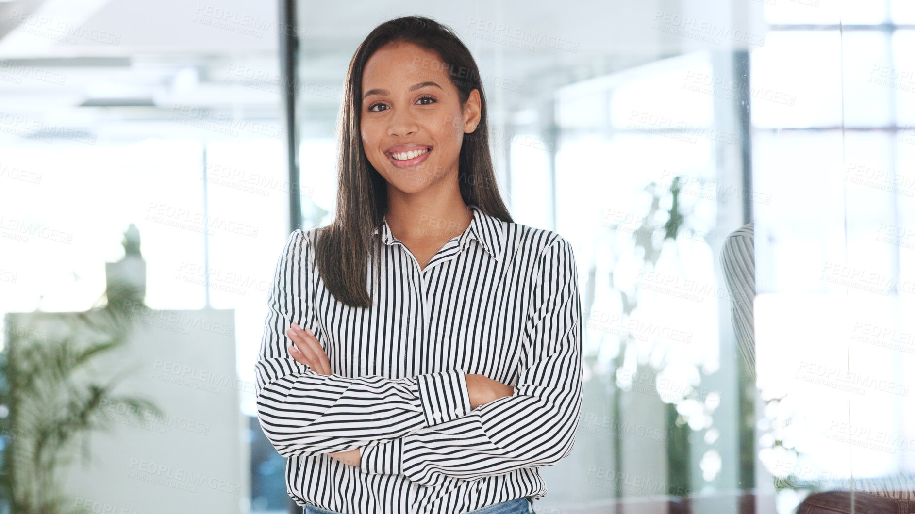 Buy stock photo Business woman, arms crossed and portrait in office with a corporate professional with confidence. Happy, smile and lawyer with job pride of attorney work at law firm with employee at a company