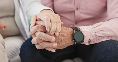 Closeup of old couple, man and woman holding hands for love, care and trust in retirement. Senior partner, loyalty and helping hand for kindness, sorry and support to forgive, hope or empathy at home