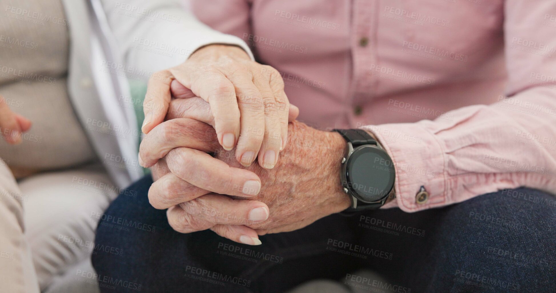 Buy stock photo Closeup of old couple, man and woman holding hands for love, care and trust in retirement. Senior partner, loyalty and helping hand for kindness, sorry and support to forgive, hope or empathy at home