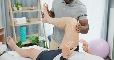 Physiotherapy hands, stretching legs or person with patient for rehabilitation support, recovery or knee motion exercise. Physical therapy, healing and physiotherapist help client with joint mobility