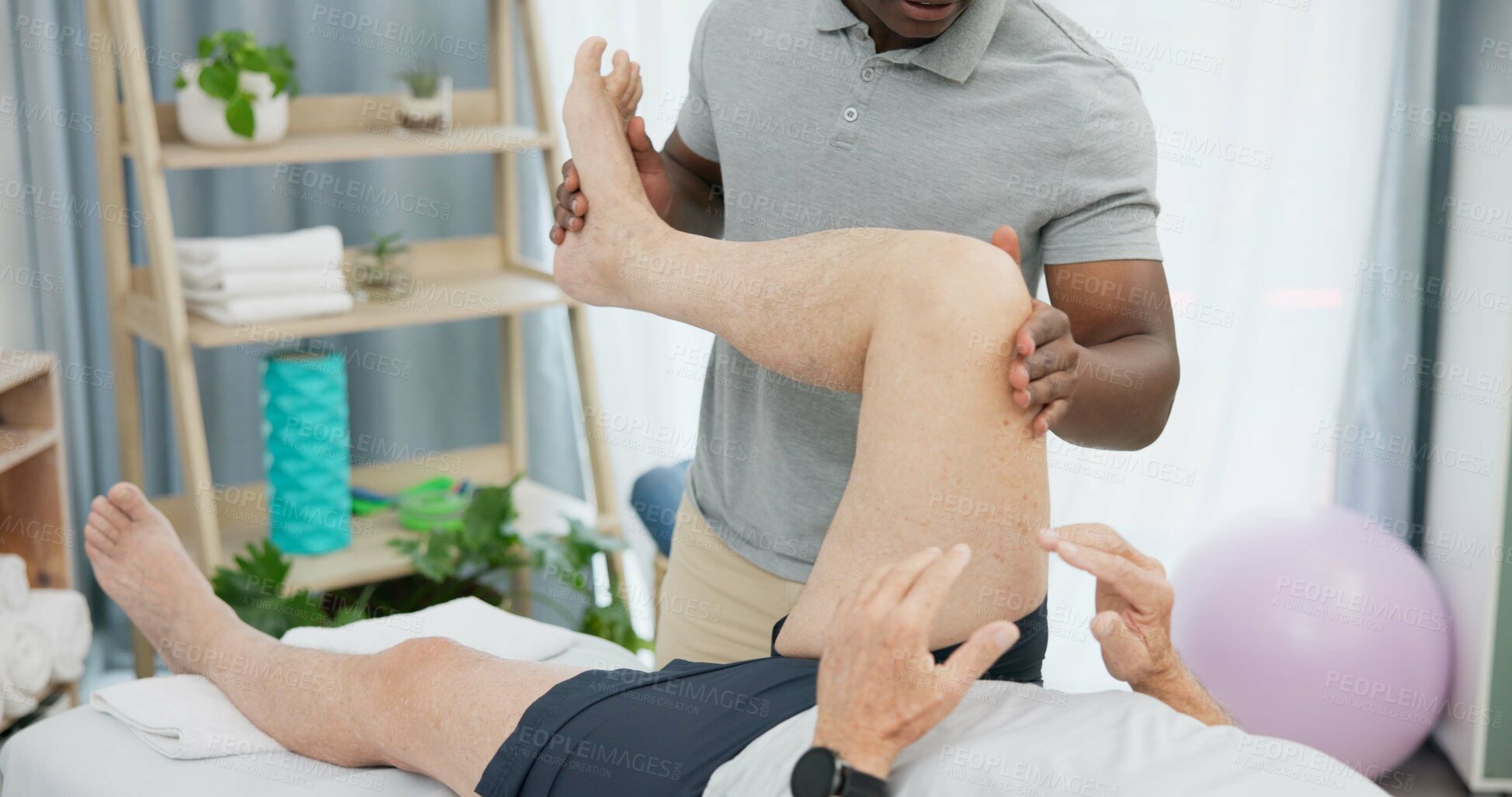 Buy stock photo Physiotherapy hands, stretching legs or person with patient for rehabilitation support, recovery or knee motion exercise. Physical therapy, healing and physiotherapist help client with joint mobility