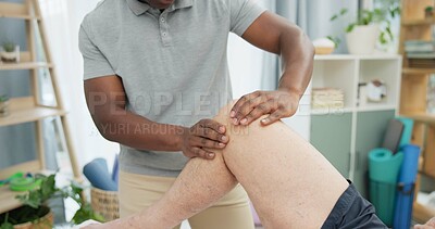 Physiotherapy hands, knee massage and person help patient with rehabilitation, recovery or joint problem. Physical therapy care, injury healing support and physiotherapist check leg muscle of client