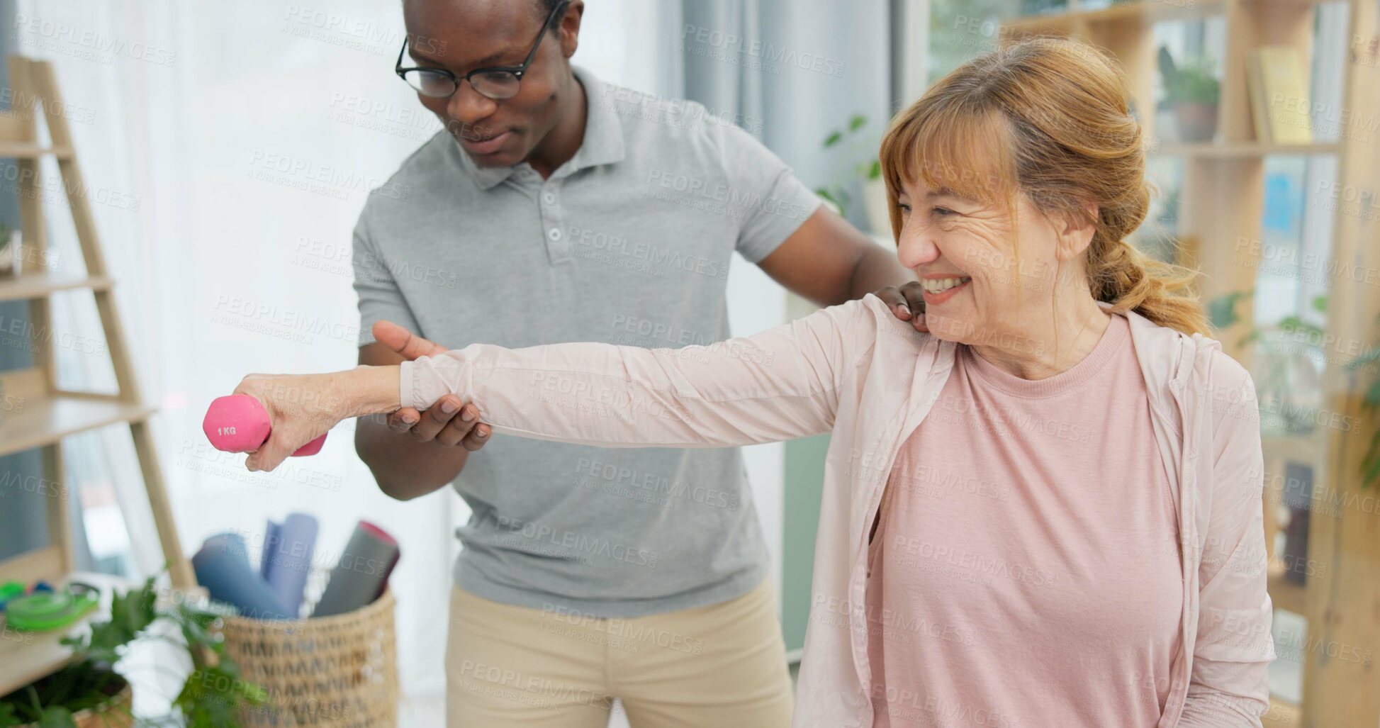 Buy stock photo Physiotherapy, fitness and senior woman with black man and dumbbell for body assessment. Physical therapy, weightlifting and elderly female with therapist for recovery, training and healing exercise