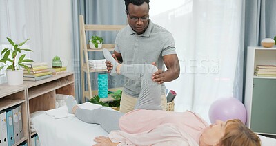 Physiotherapist man, knee and patient for rehabilitation, recovery support or joint injury consultation. Physical therapy, stretching legs or African physiotherapy worker for medical healing service