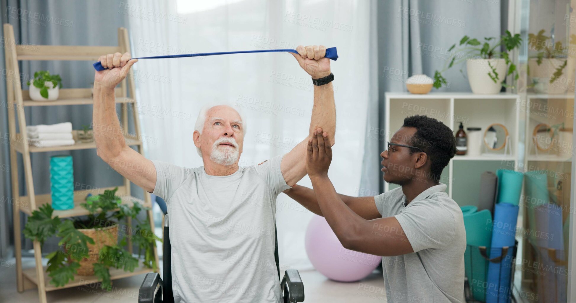 Buy stock photo Man with disability, physiotherapist and stretching band for healthcare rehabilitation, consulting and physical therapy assessment. Clinic, physiotherapy and support for senior patient in wheelchair