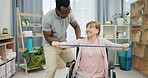 Senior woman with disability, physiotherapy and stretching band for muscle rehabilitation, physical therapy and chiropractor service. Physiotherapist, medical support and happy patient in wheelchair