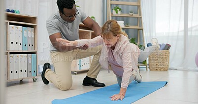 Physiotherapist, body stretching and senior woman for rehabilitation, recovery and black man stretching client. Retirement physiotherapy, injury healing and physical therapist help elderly patient