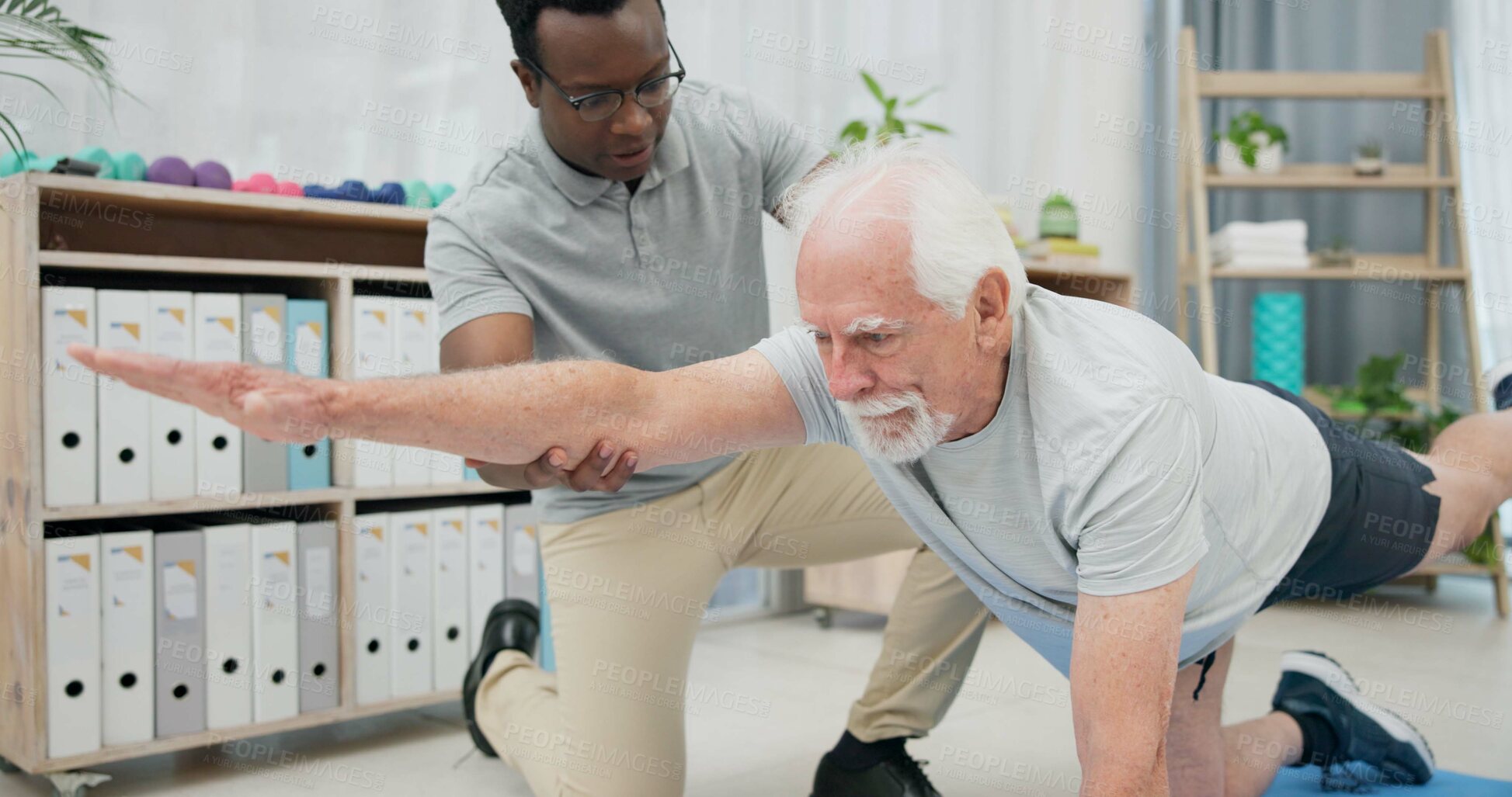 Buy stock photo Physiotherapy, body stretching and senior man for rehabilitation, recovery and black man support client. Retirement physical therapy, mobility or African physiotherapist help elderly patient on floor