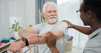 Physiotherapy results, arm stretching or old man for rehabilitation, recovery and black man check injury healing. Support, motion mobility assessment or African physiotherapist advice elderly patient