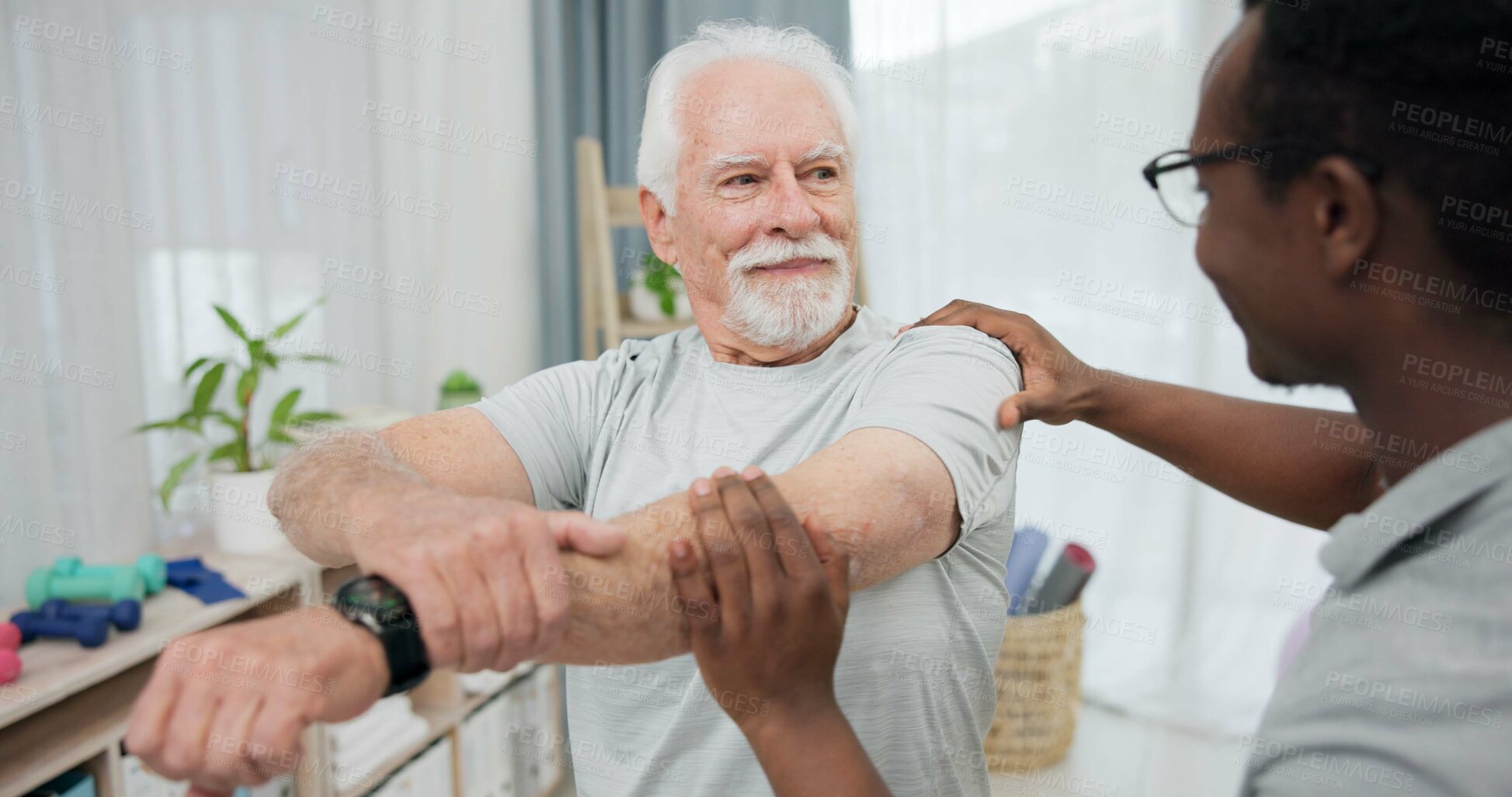 Buy stock photo Physiotherapy results, arm stretching or old man for rehabilitation, recovery and black man check injury healing. Support, motion mobility assessment or African physiotherapist advice elderly patient