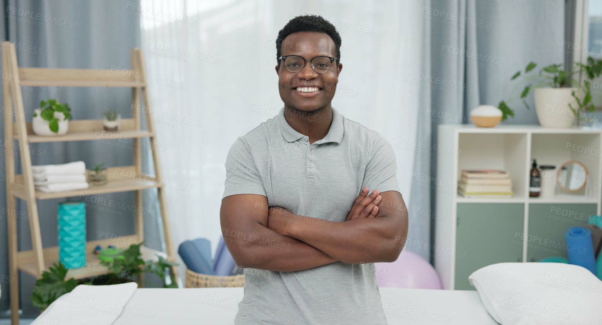 Buy stock photo Physiotherapy, arms crossed and black man confident, happy or smile for support, recovery or healing healthcare service. Physical therapy, portrait and African male physiotherapist for rehabilitation