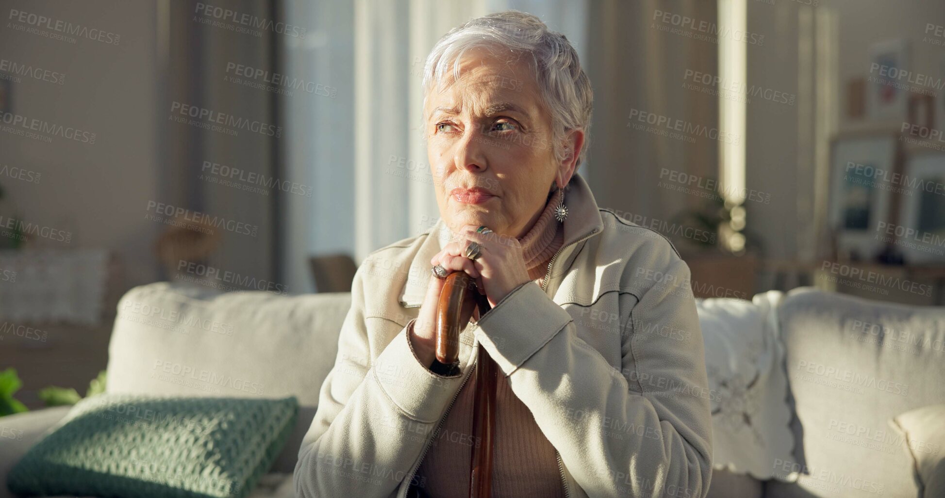 Buy stock photo Home, thinking and old woman with depression, memory and remember with thoughts, wonder and sad. Female person, mature lady and pensioner on a couch, nursing facility and retirement with Alzheimer