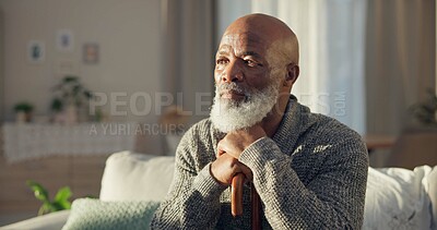 Home, thinking and old man with depression, memory and remember with retirement, alone and sad. Male person, elderly guy or pensioner in a living room, depressed and mental health issue with thoughts