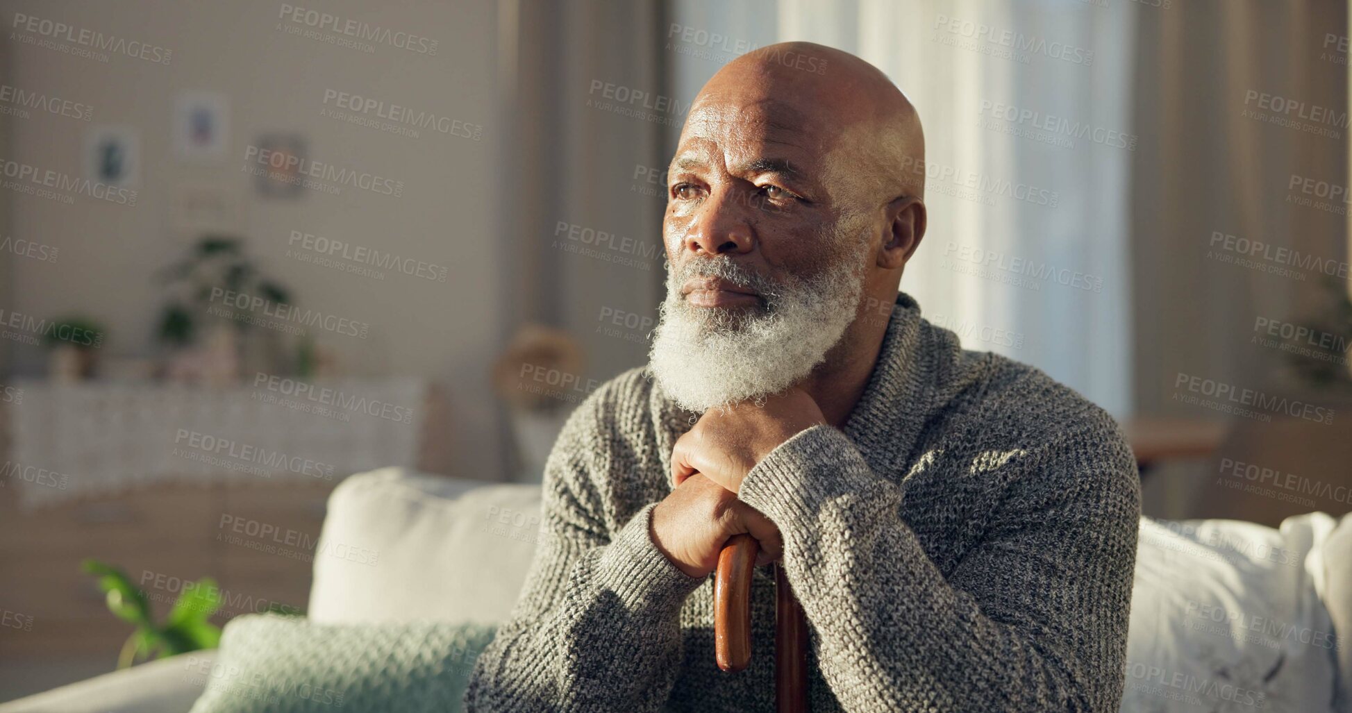 Buy stock photo Home, thinking and old man with depression, memory and remember with retirement, alone and sad. Male person, elderly guy or pensioner in a living room, depressed and mental health issue with thoughts