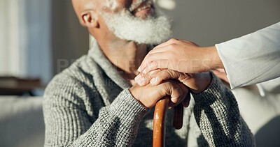 Support, walking stick and hands of senior man with a cane for help, support and old age caregiver care for patient. Healthcare, empathy and elderly person in a nursing home for medical health
