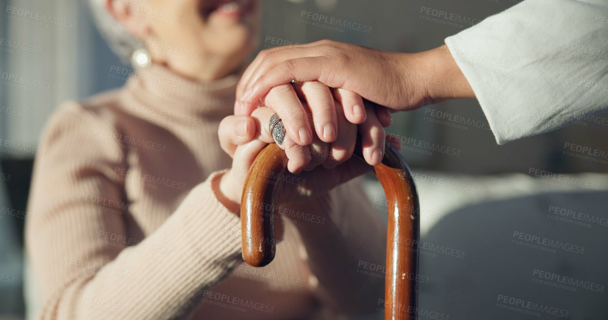 Buy stock photo Support, cane and hands of senior woman with a walking stick for help, support and old age caregiver care for patient. Healthcare, empathy and elderly person in a nursing home for medical health