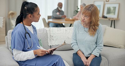 Senior woman with nurse, questions and clipboard with caregiver and elderly care, checklist and health insurance. Medical paperwork, female people and conversation with choice, list and homecare