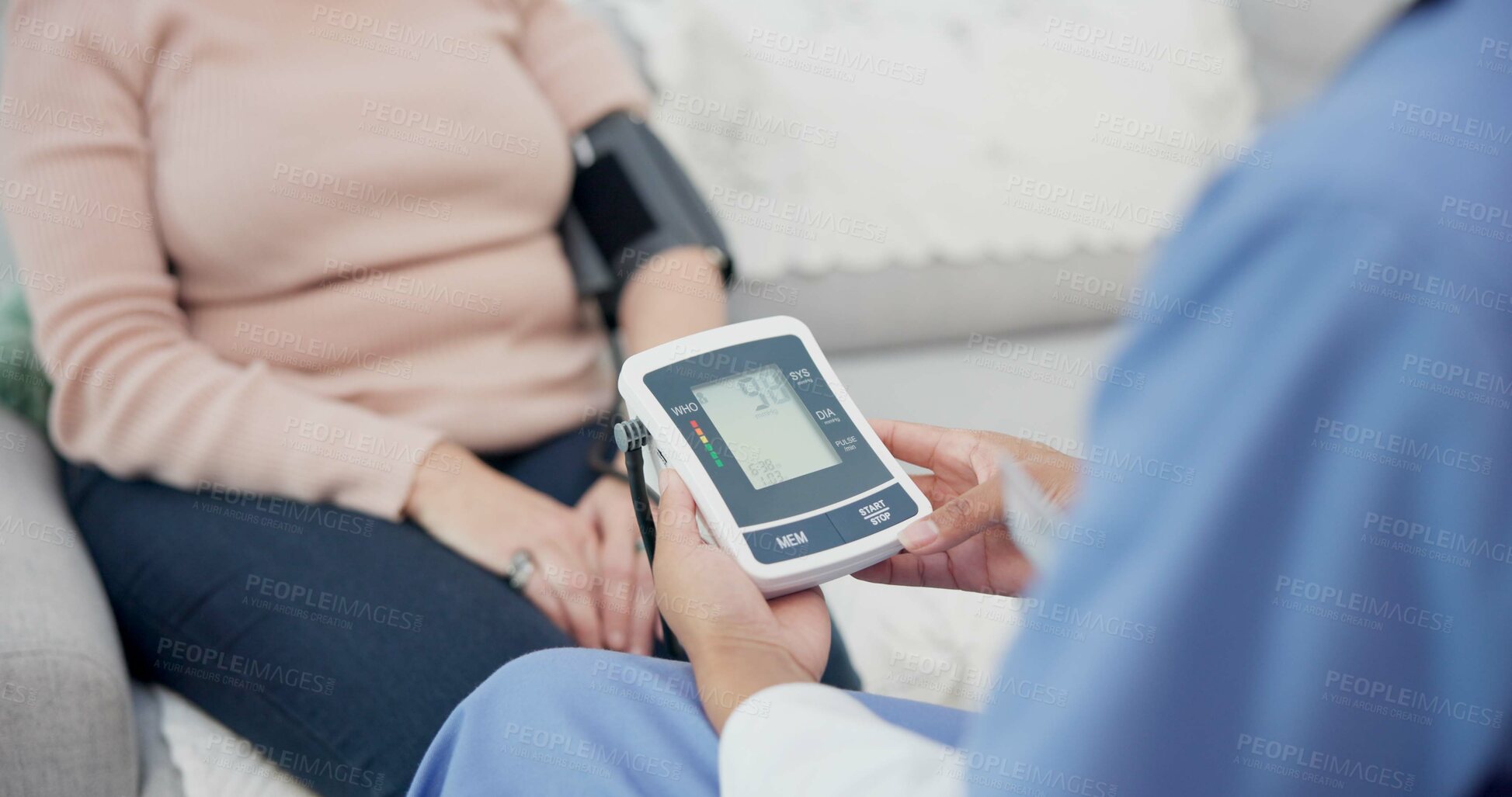 Buy stock photo Doctor, hands and blood pressure with elderly woman at nursing home for healthcare or wellness. Caregiver, nurse and senior female for hypertension in living room or closeup for consultation or help.