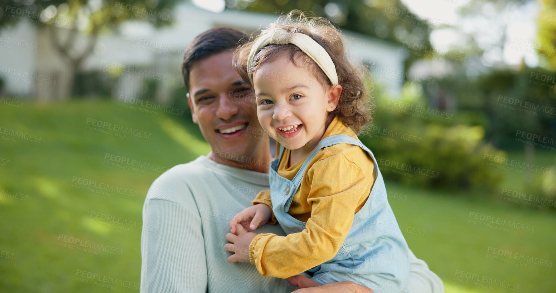 Buy stock photo Dad, baby and portrait of girl with smile in garden, backyard or laughing together with happiness on weekend. Toddler, father and kid with smile on face for summer, vacation or playing with family