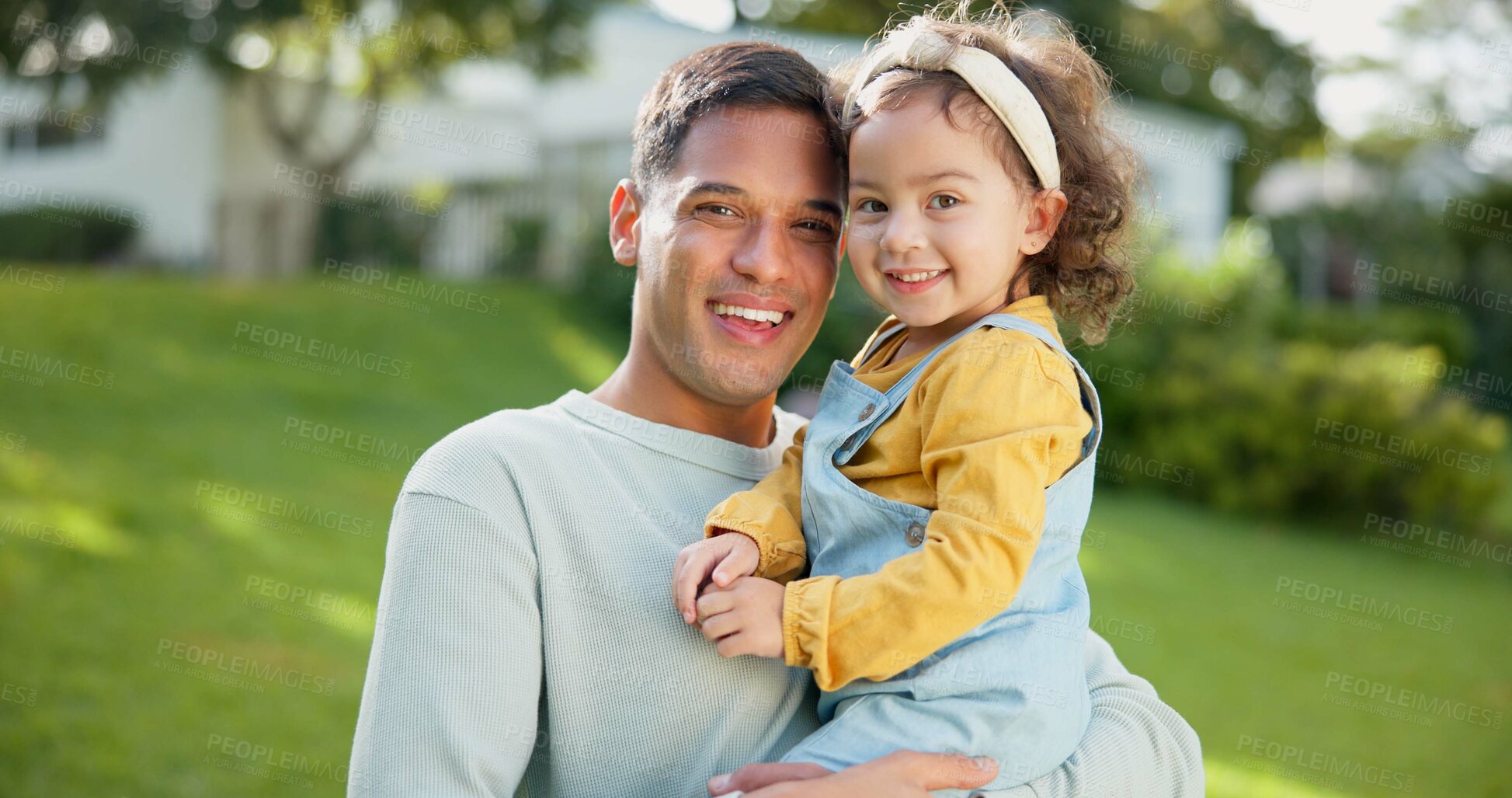 Buy stock photo Dad, baby and portrait of girl with smile in garden, backyard or laughing together with happiness on weekend. Toddler, father and kid with smile on face for summer, vacation or playing with family