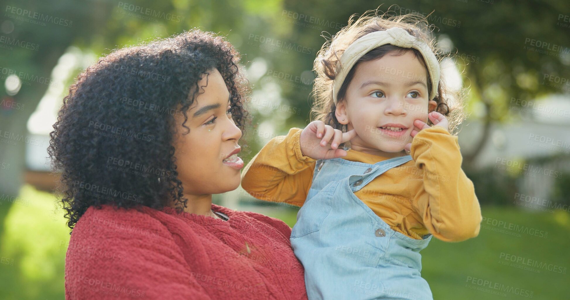 Buy stock photo Family, children and a woman with her adopted daughter in the garden of their foster home together. Love, smile and kids with a happy mother holding her female child outdoor in the home backyard