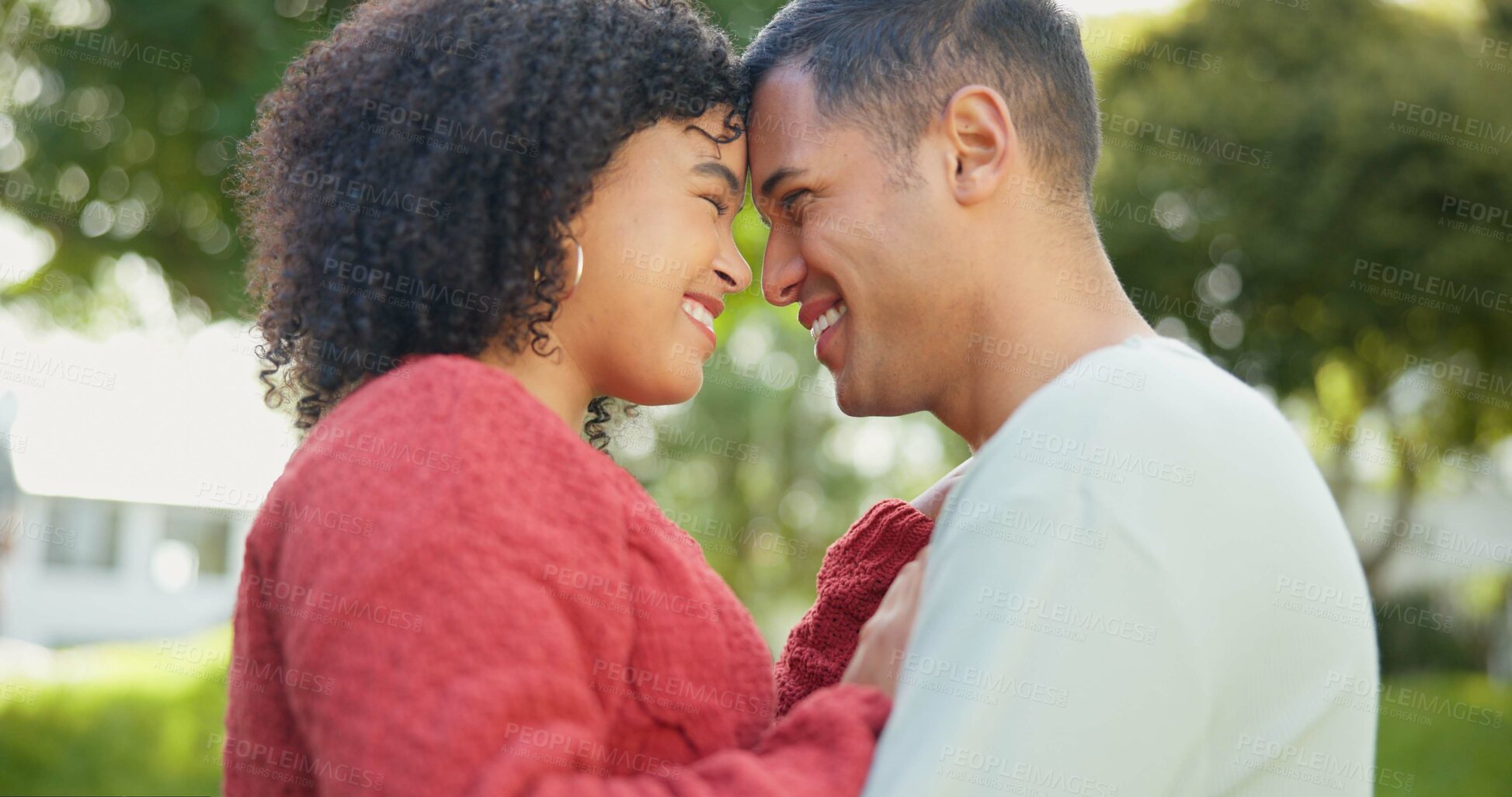 Buy stock photo Hug, backyard and couple with love, peace and bonding with quality time, romantic and happiness. Romance, man and woman outdoor, park and loving together in a park, embrace and support with care