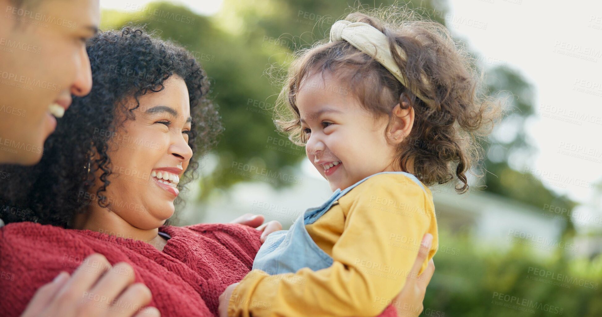 Buy stock photo Family, parents and baby outdoor, play and happiness with love, bonding and quality time together. Mother, father and daughter in a park, fun and laughing with joy, support and relax with freedom