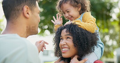 Happy family, parents or baby in park to play with love, care or quality bonding time together outdoors. Mother, face or daughter laughing at game with joy, support or smile with father or freedom