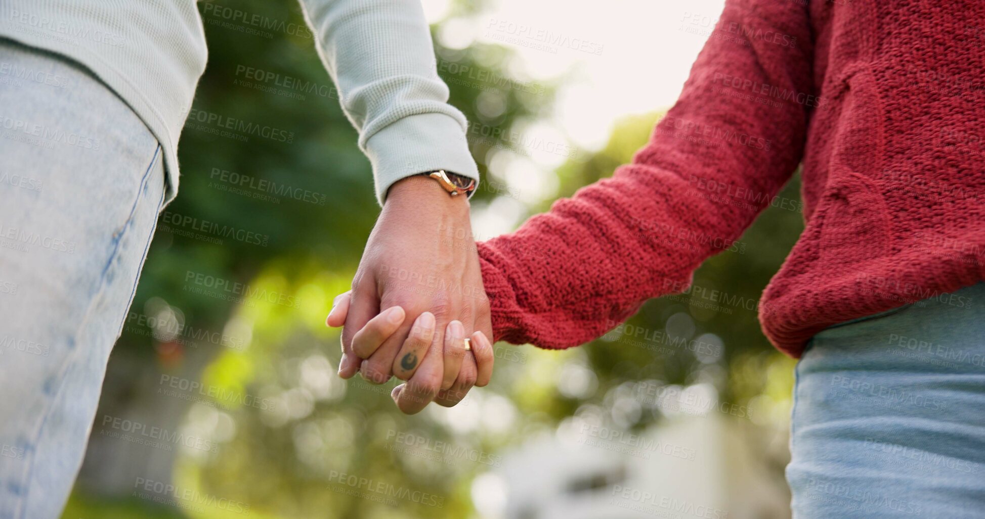 Buy stock photo Family, holding hands and mother with child outdoor, bonding and travel. Support, walking and mom with kid for safety, security and care, trust and love while enjoying quality time together in nature