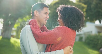 Hug, backyard and couple with love, peace and bonding with quality time, romantic and happiness. Romance, man and woman outdoor, park and loving together in a park, embrace and support with care