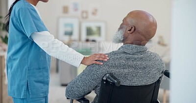 Senior man, wheelchair and support with nurse help and healthcare in retirement home. Caregiver, employee and elderly care with person with disability with patient ready for physiotherapy with man