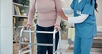 Caregiver, hands or elderly woman walking with walker for support, geriatric senior care or old age movement disability. Retirement nursing home, disabled or closeup nurse helping patient with moving