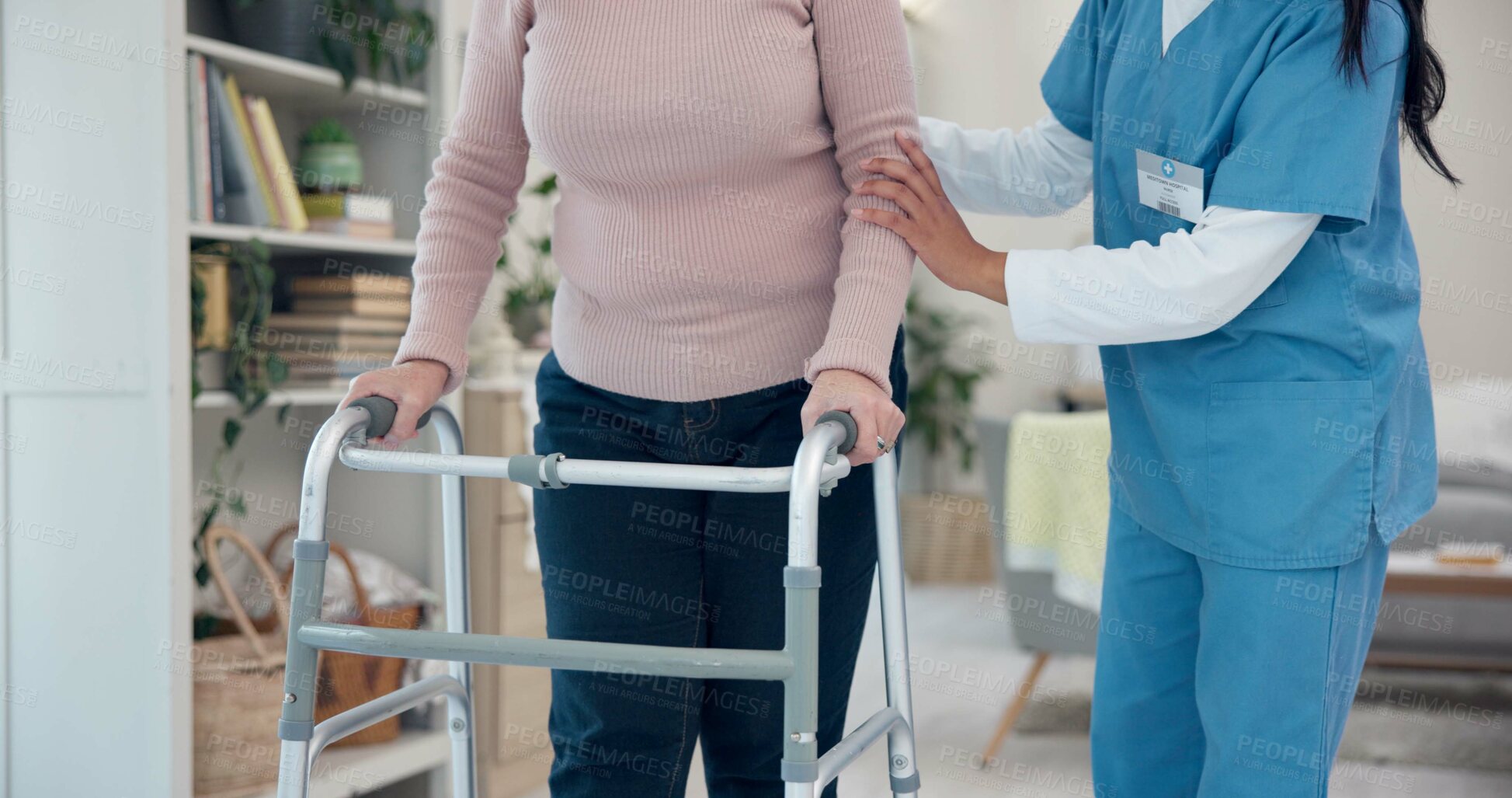 Buy stock photo Caregiver, hands or elderly woman walking with walker for support, geriatric senior care or old age movement disability. Retirement nursing home, disabled or closeup nurse helping patient with moving