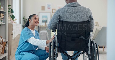 Senior man, wheelchair and medical support with nurse help and healthcare in retirement home. Caregiver, employee and elderly care with person with disability with patient ready for physiotherapy