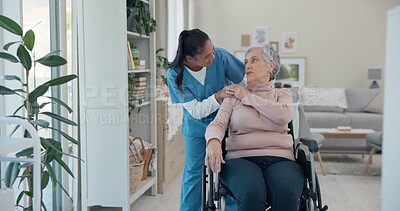 Caregiver, elderly woman and talking about wheelchair support discussion, geriatric senior care or old age disability. Nursing home conversation, disabled or nurse help retirement patient with moving