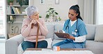 Clipboard, senior woman and nurse talking, ask question or writing client info, medical summary or healthcare survey. Checklist, home and retirement caregiver speaking to elderly patient about pills