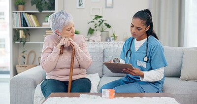 Clipboard, senior woman and nurse talking, ask question or writing client info, medical summary or healthcare survey. Checklist, home and retirement caregiver speaking to elderly patient about pills