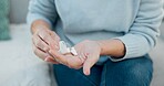 Home medicine, hands or person with pills tablet, medication and pharmaceutical prescription for healthcare support. Container, closeup and sick patient with medical supplements, drugs or antibiotics