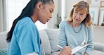 Clipboard, senior woman talking or nurse writing answers, ask question or check healthcare info, medical summary or survey. Questionnaire, retirement home or caregiver consulting with elderly patient