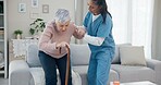 Caregiver support, disabled and old woman with walking stick for help, senior wellness care or old age movement disability. Retirement, nursing home volunteer or nurse helping patient with getting up