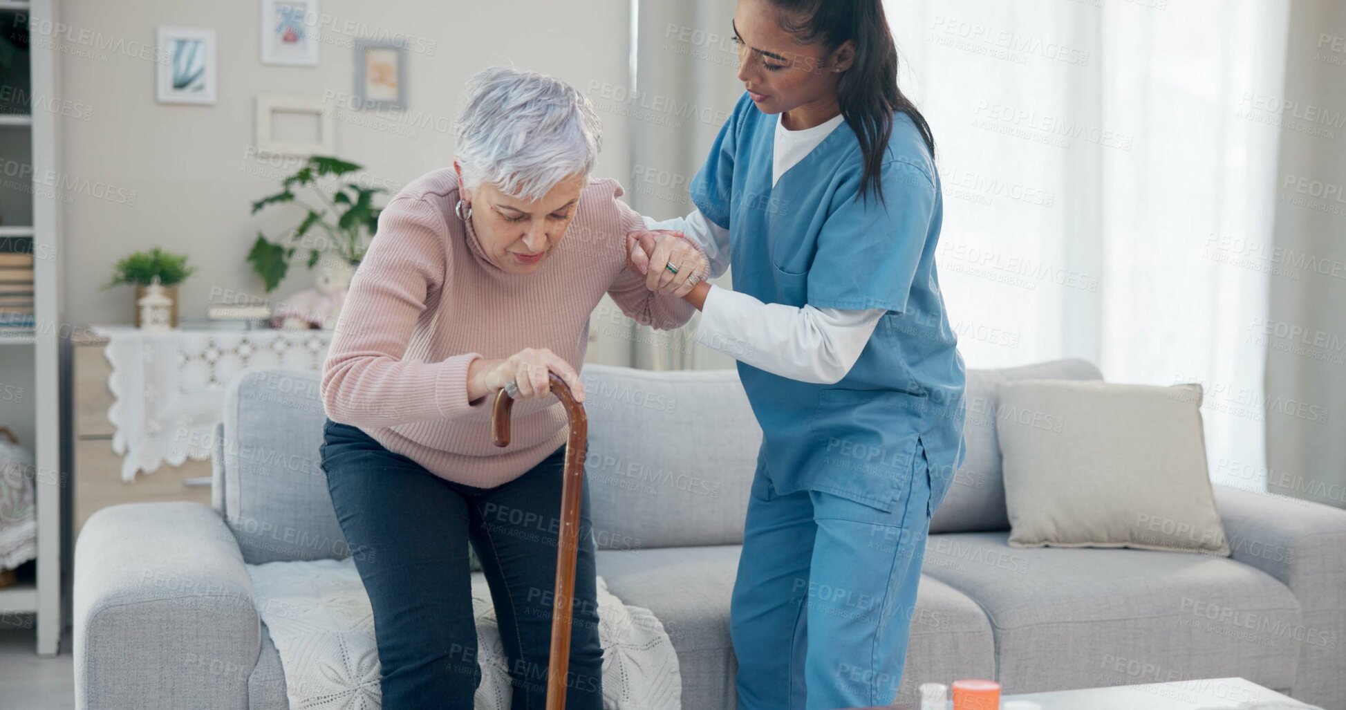 Buy stock photo Caregiver support, disabled and old woman with walking stick for help, senior wellness care or old age movement disability. Retirement, nursing home volunteer or nurse helping patient with getting up