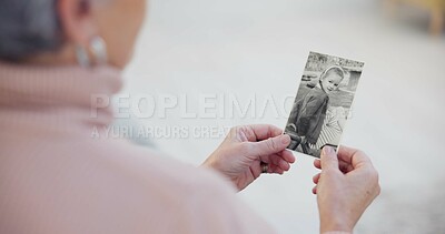 Memory, senior and woman with a photograph with hands in closeup for nostalgia in home. History, retirement and elderly person with retro photography to remember a child with memories or grandmother.